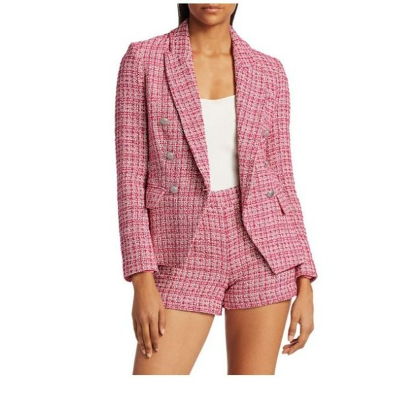 L'AGENCE Kenzie Tweed Double-Breasted Blazer in Pink Size 2 B702 Damaged - Picture 4 of 14